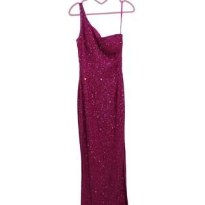 Scala Women Sz S Pink Fully Beaded Silk One Shoulder Sequin Maxi Gown Dress